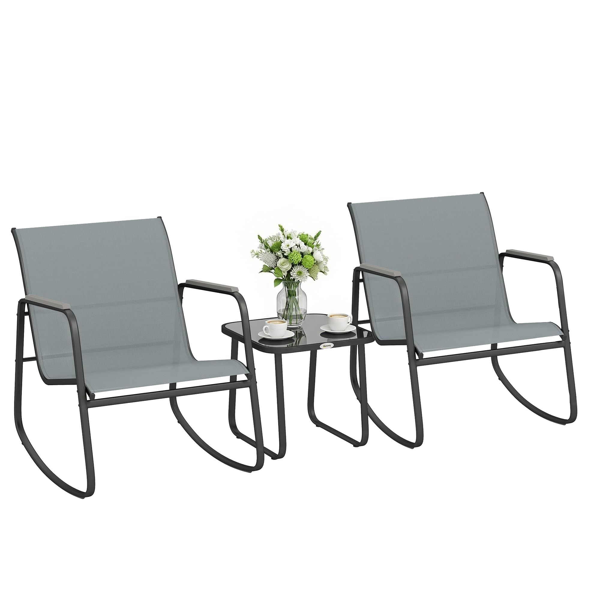 Outsunny Set da Bistrò da 3 Pezzi, Set Tavolo e Sedie da Giardino in Acciaio con 2 Sedie a Dondolo Traspiranti in Texteline e Tavolino in Vetro, per Patio Balcone, Grigio