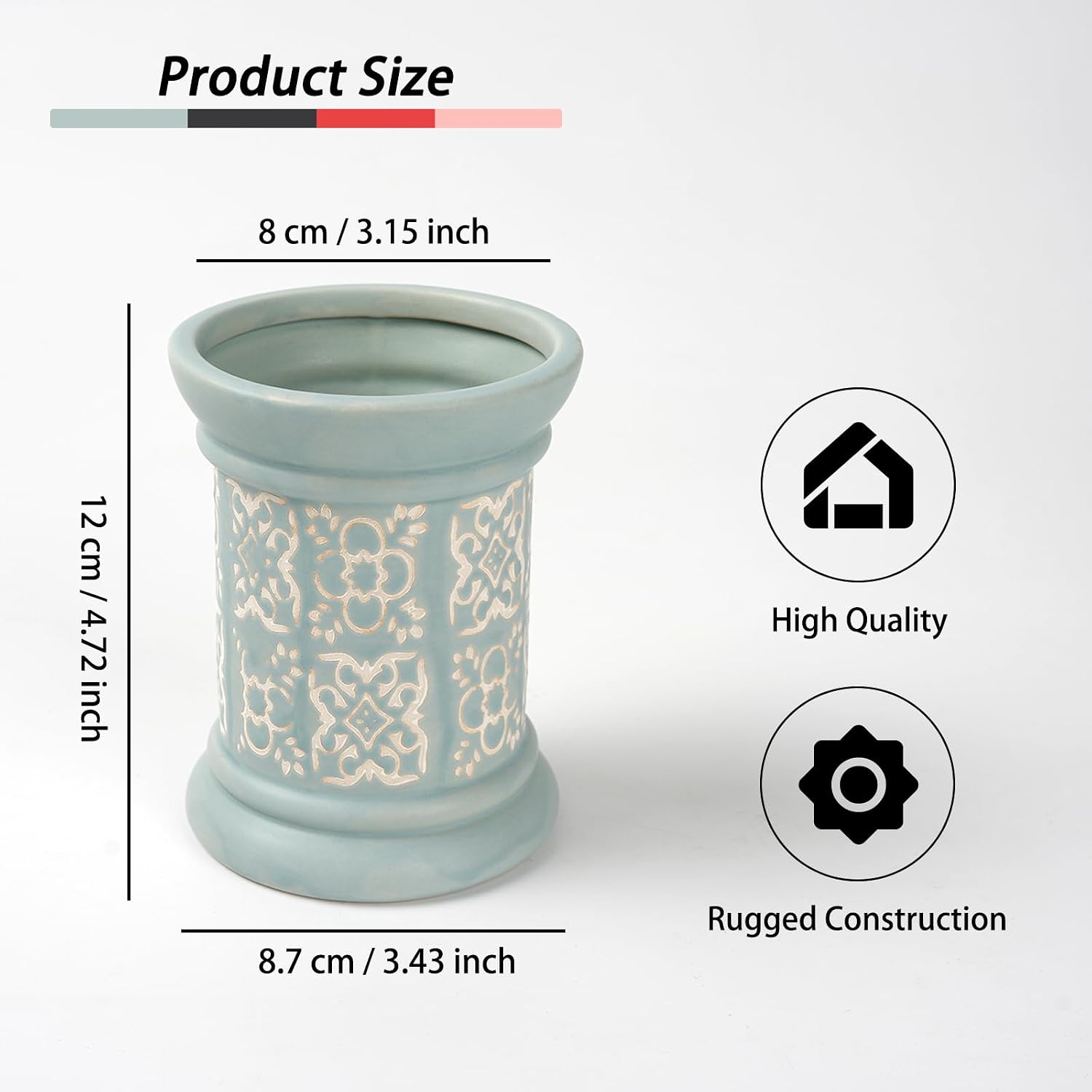 Blue Printed Ceramic Pencil Holder for Desk, Vintage Office Decor image 2