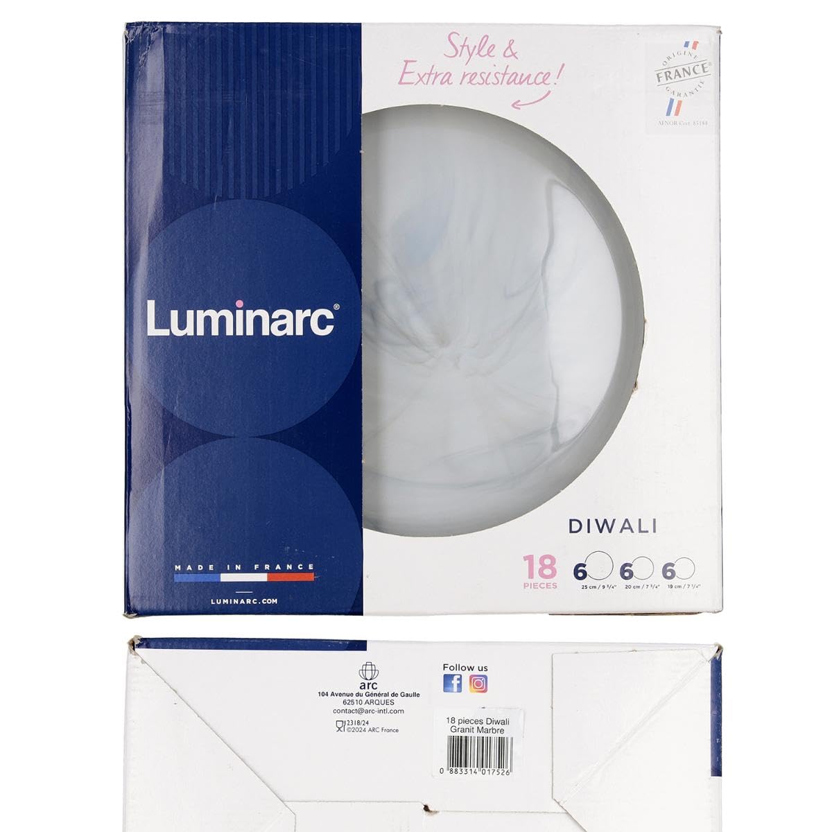 Luminarc Diwali Granit Marb Service de table opale 18 pièces 6 personnes Opale Passe au micro-ondes Passe au réfrigérateur empilable