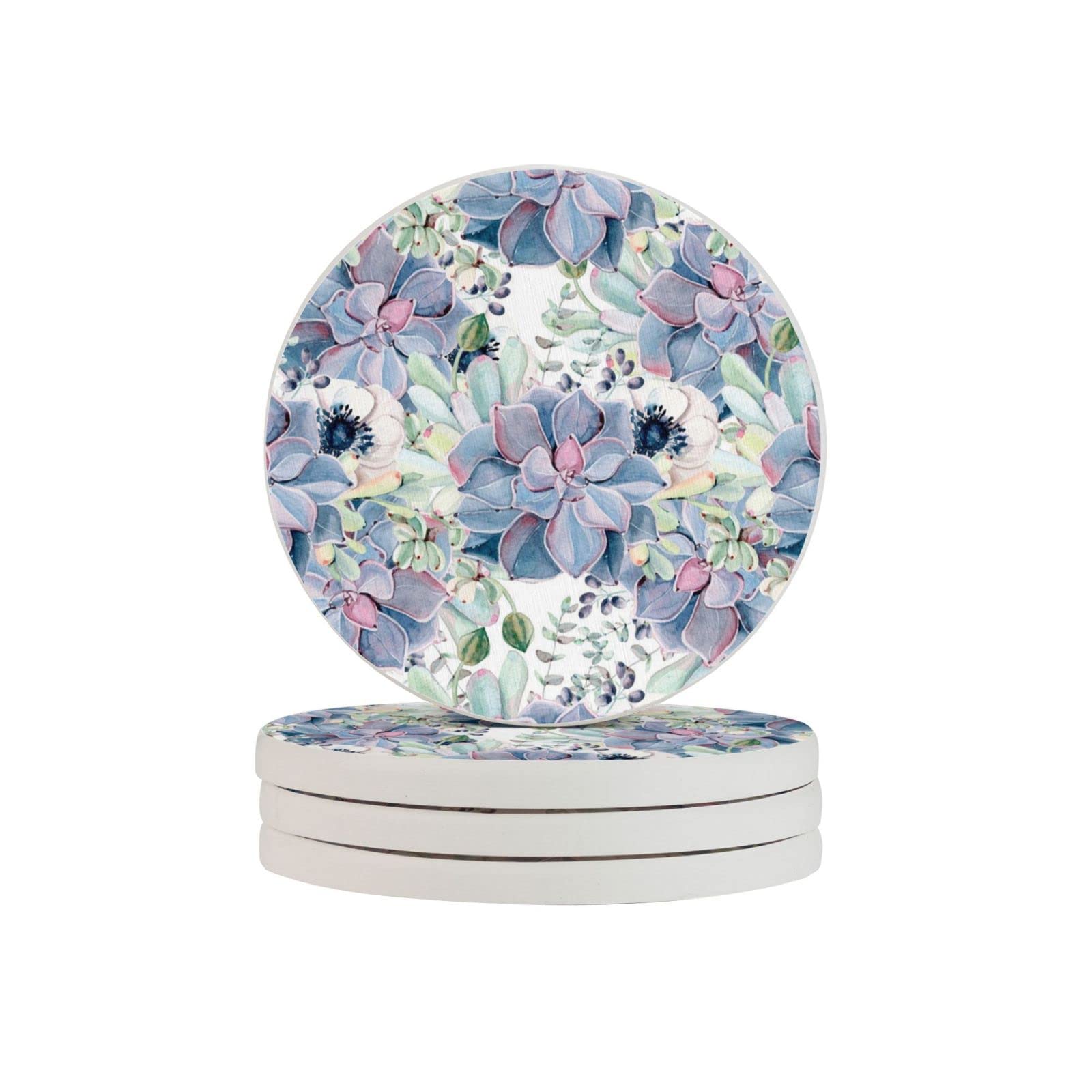 Succulents Floral Two Pieces Coaster Heat-Resistant Reusable Saucers for Drinks Wine Glasses Plants Cups Mugs