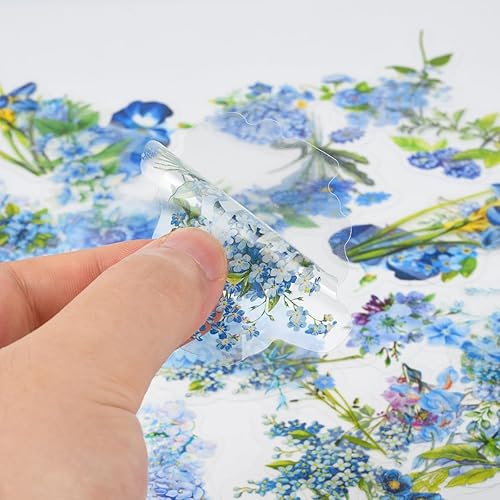 Miniatura 4 de Juego de 100 calcomanías de flores azules, lindas hojas florales, calcomanías impermeables transparentes para planificadores de diario, álbumes de