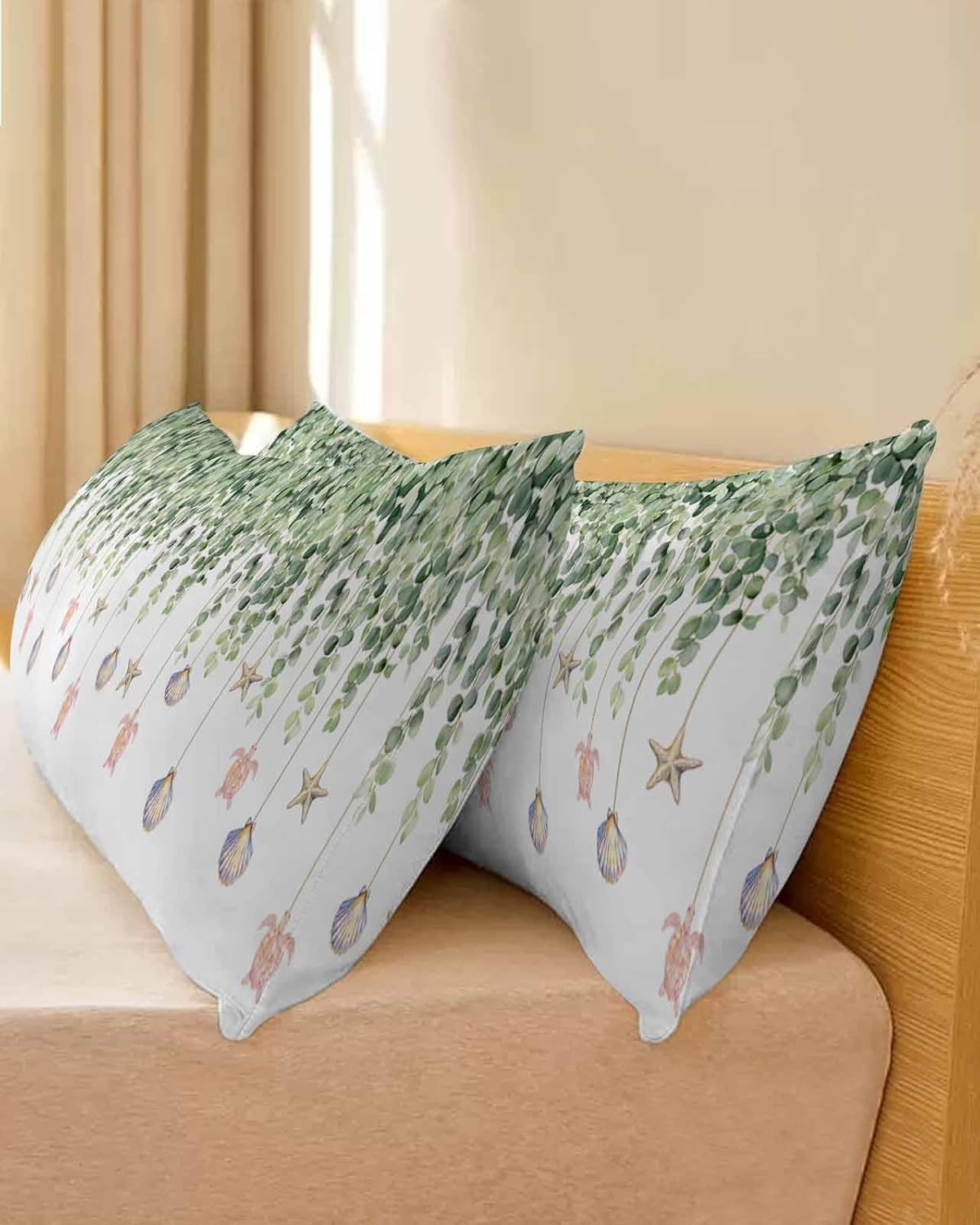 Eucalyptus Leaves Satin Pillowcase Body Pillow Cover 20 x 60 Inch Shell Starfish Turtle Lumbar Pillow Cases Spring Summer Green Leaves Rectangular Decorative Pillow Shams for Bed Sofa Guest Room