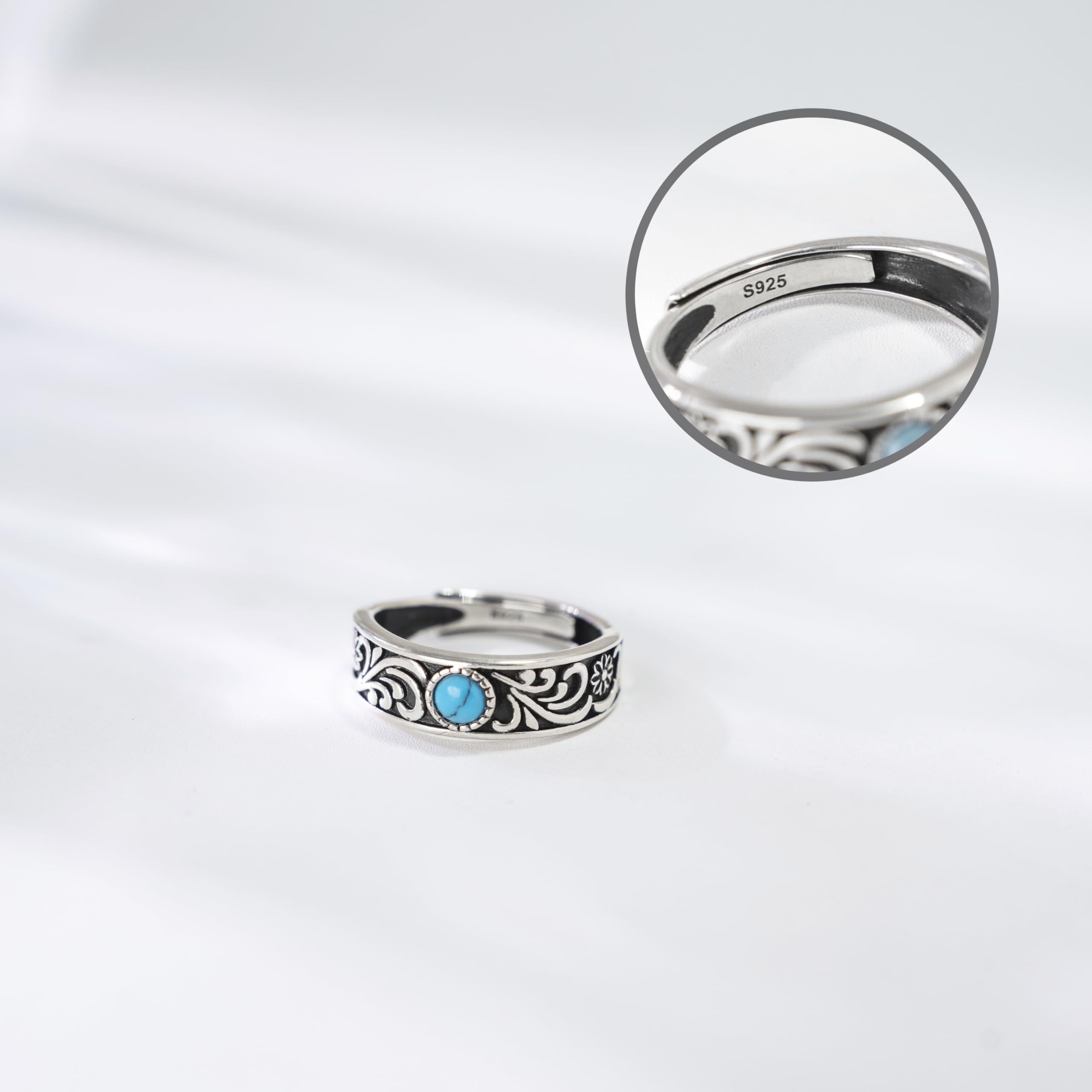 Anillo de plata para hombre, anillo de turquesa vintage con diseño de hierba rizada, regalo personalizado para hombre, anillo de plata ajustable