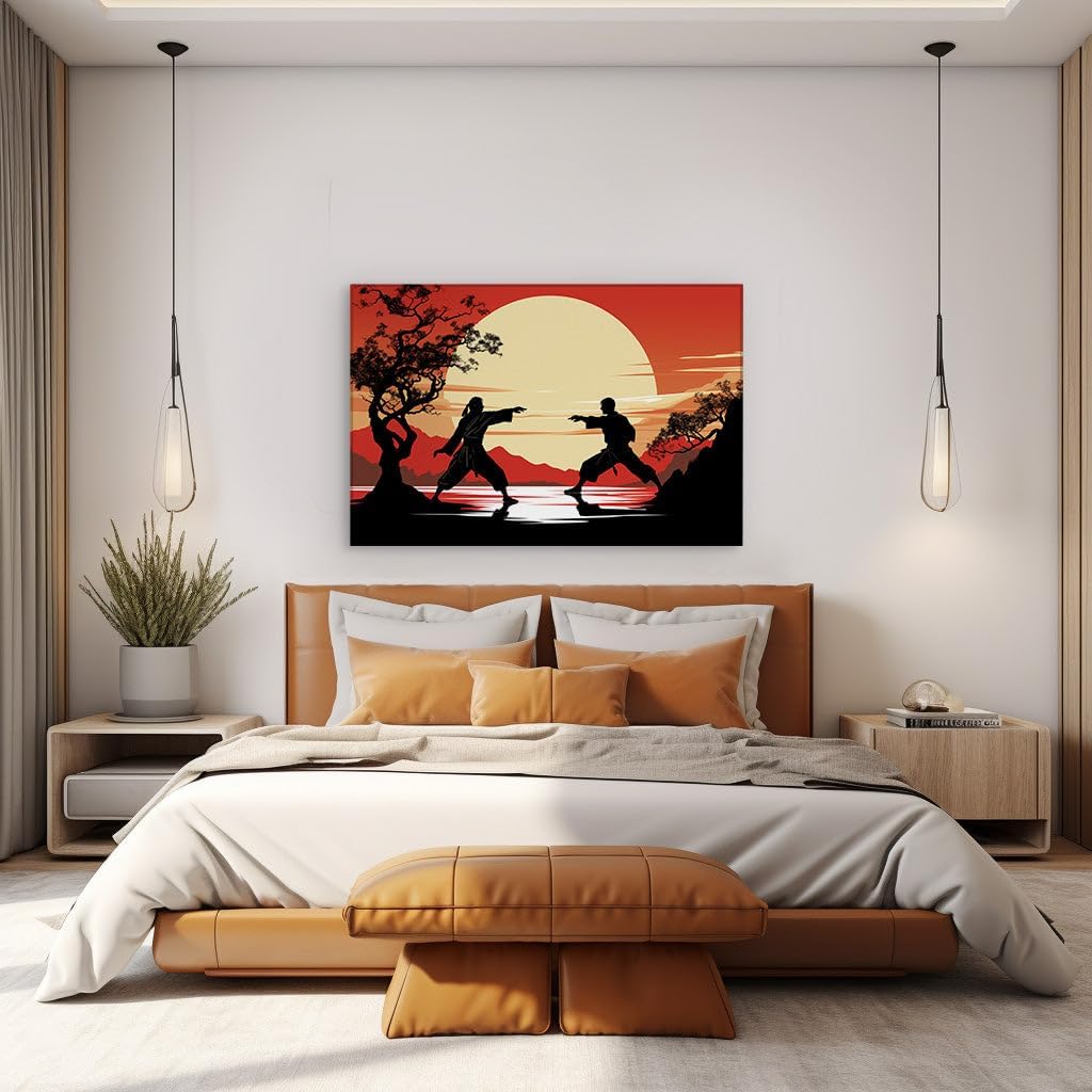 Canvas for Living room. Dusk Duel in the Wilderness: Serenity Meets Martial Mastery, 27 x 18 inch Canvas Wall Art - Ready to Hang
