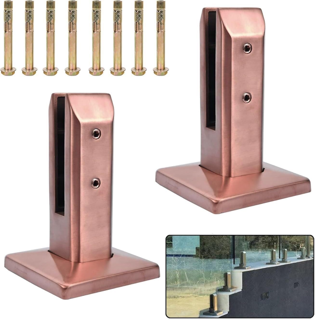Jvfbjlf Rose Gold2 Pcs Glass Pool Fence Spigot Glass Railing Spigot Railing Clip Brackets For Deck Balcony Glass Railing Stainless Steel Glass Clips(200Mm)