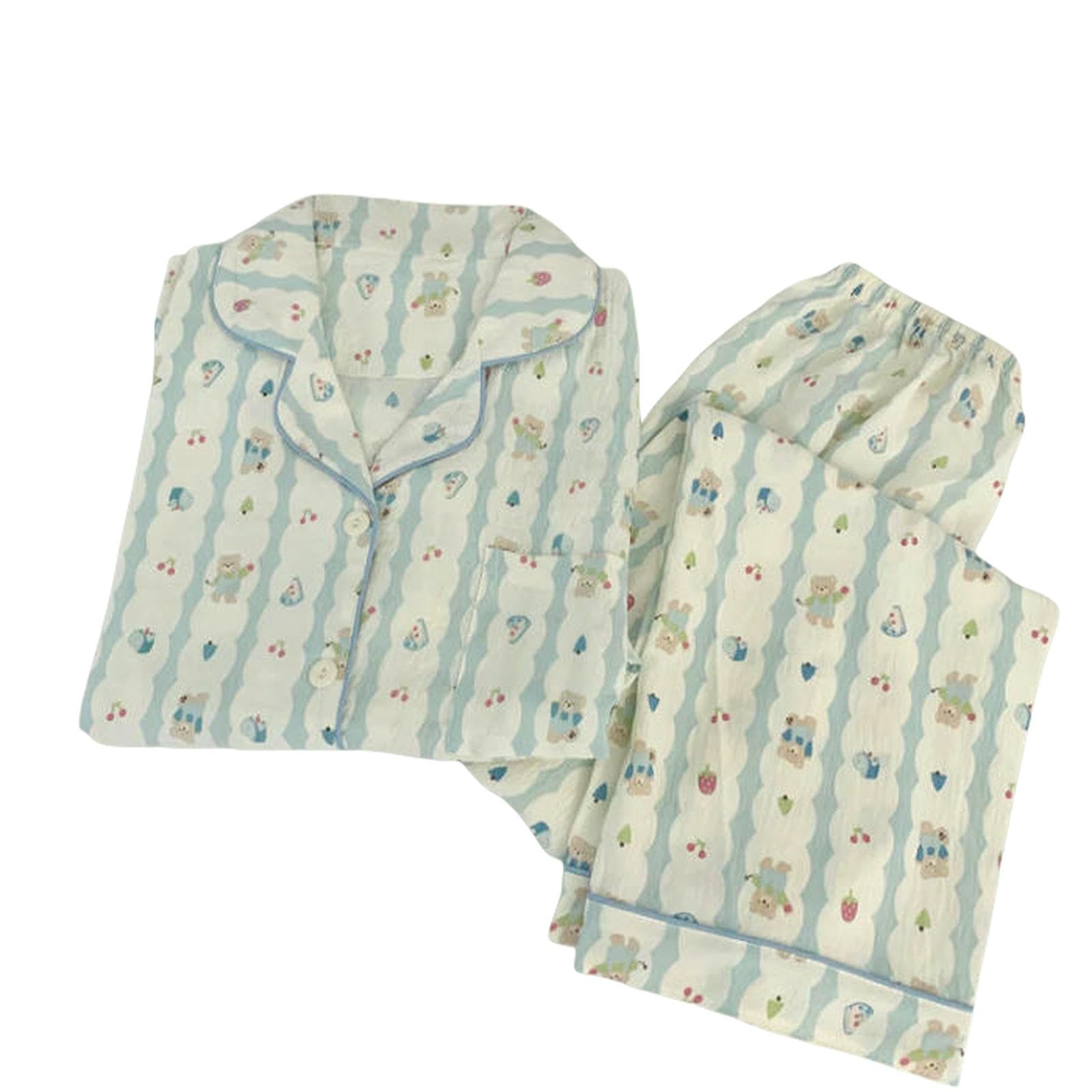 Pigiama da Donna in Cotone Morbido Notte Autunnale Set Stampa Fiore con Conigli Comodo Casual Carino 2 Pezzi Vestito Casa-kdj819coniglio Fiore-l