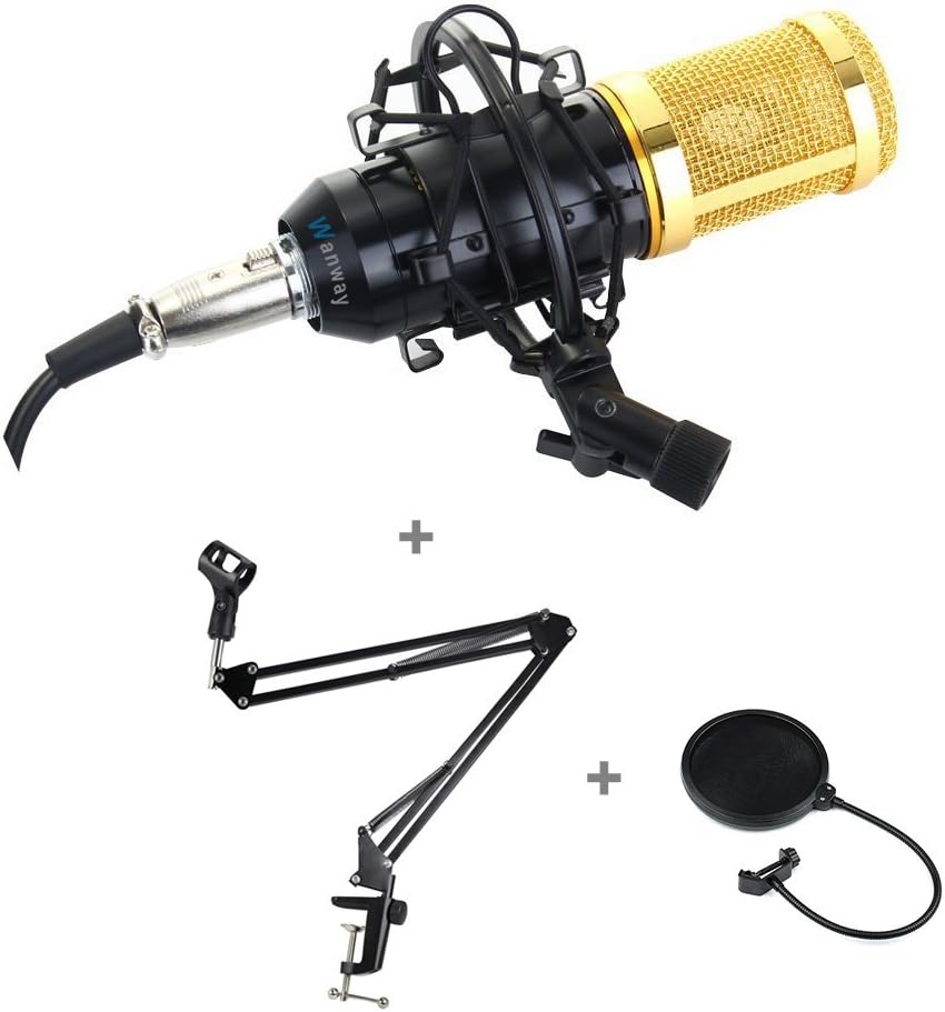 WanwayBM800 Condenser Microphone 3.5mm Studio Recording Mic,Comes with Suspension Boom Scissor Arm Stand,Shock Mount and Win