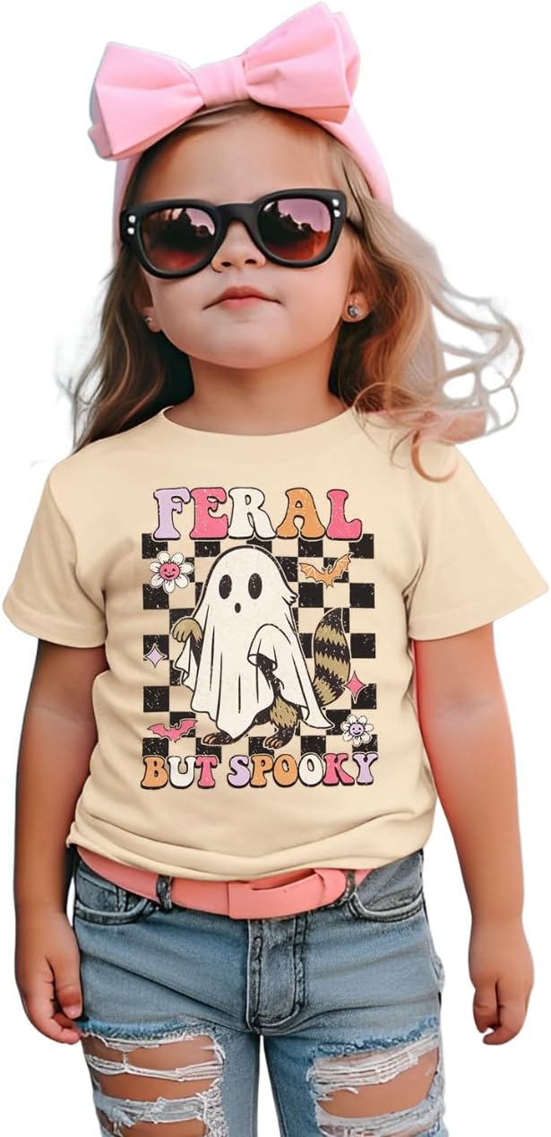 KEKEMI Toddler Baby Girl Halloween Shirt Feral But Spooky T-Shirt Ghost Spooky Season Outfit Cute Short Sleeve Tees Fall Tops
