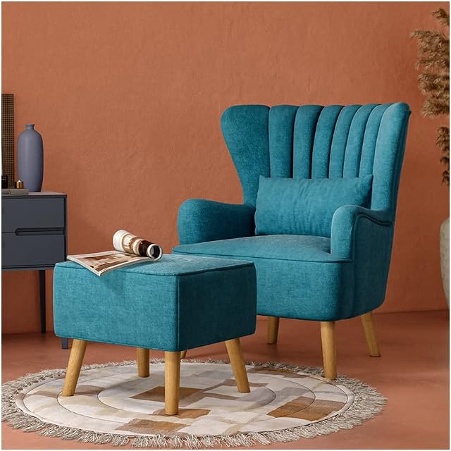 INMOZATA Armchair with Footstool Teal Linen Fabric Occasional Accent Chairs Stunning Shell Wingback Tub Chair with Wood Legs for Living Room Bedroom Lounge (Teal)