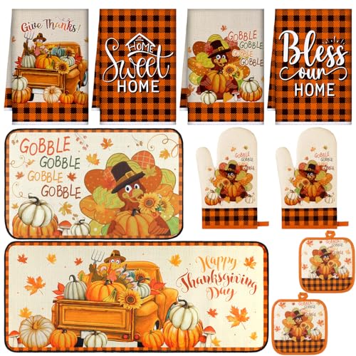 Fanfanwin 10 Pcs Fall Thanksgiving Turkey Kitchen Decor Set Kitchen Towels Pot Holders Oven Mitts and Rugs Set Thanksgiving Towels for Baking Cooking BBQ Autumn Home