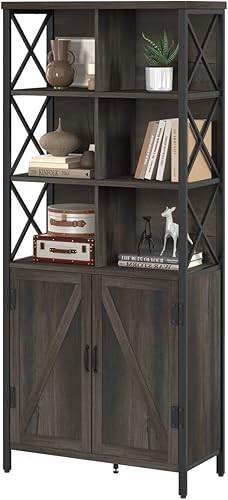 Miniatura 9 de FATORRI Estantería rústica con puertas para sala de estar, oficina en casa, dormitorio (marrón nogal)