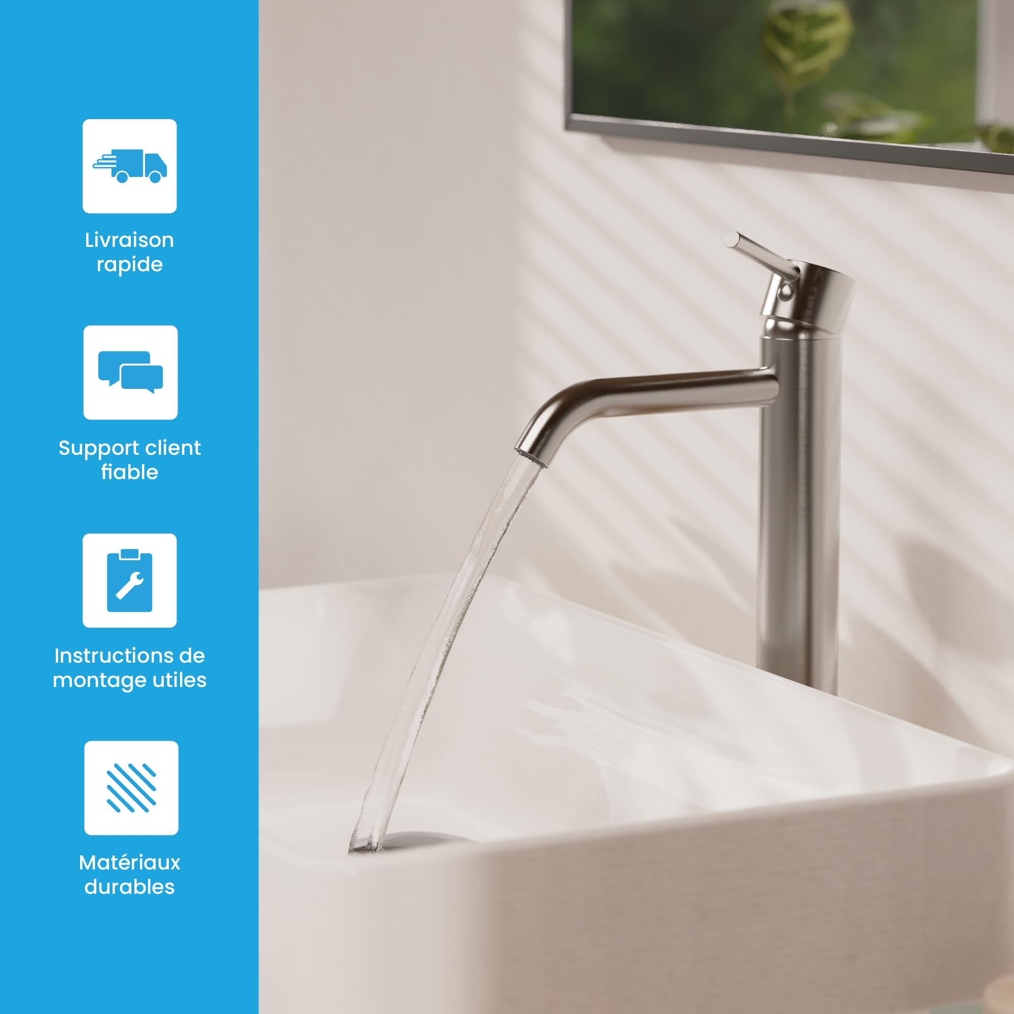 Bächlein Susara Grifo alto de baño con caño curvo de diseño extra alto, grifo monomando para lavabos de encimera con cartucho de cerámica resistente y juego de montaje, grifo de