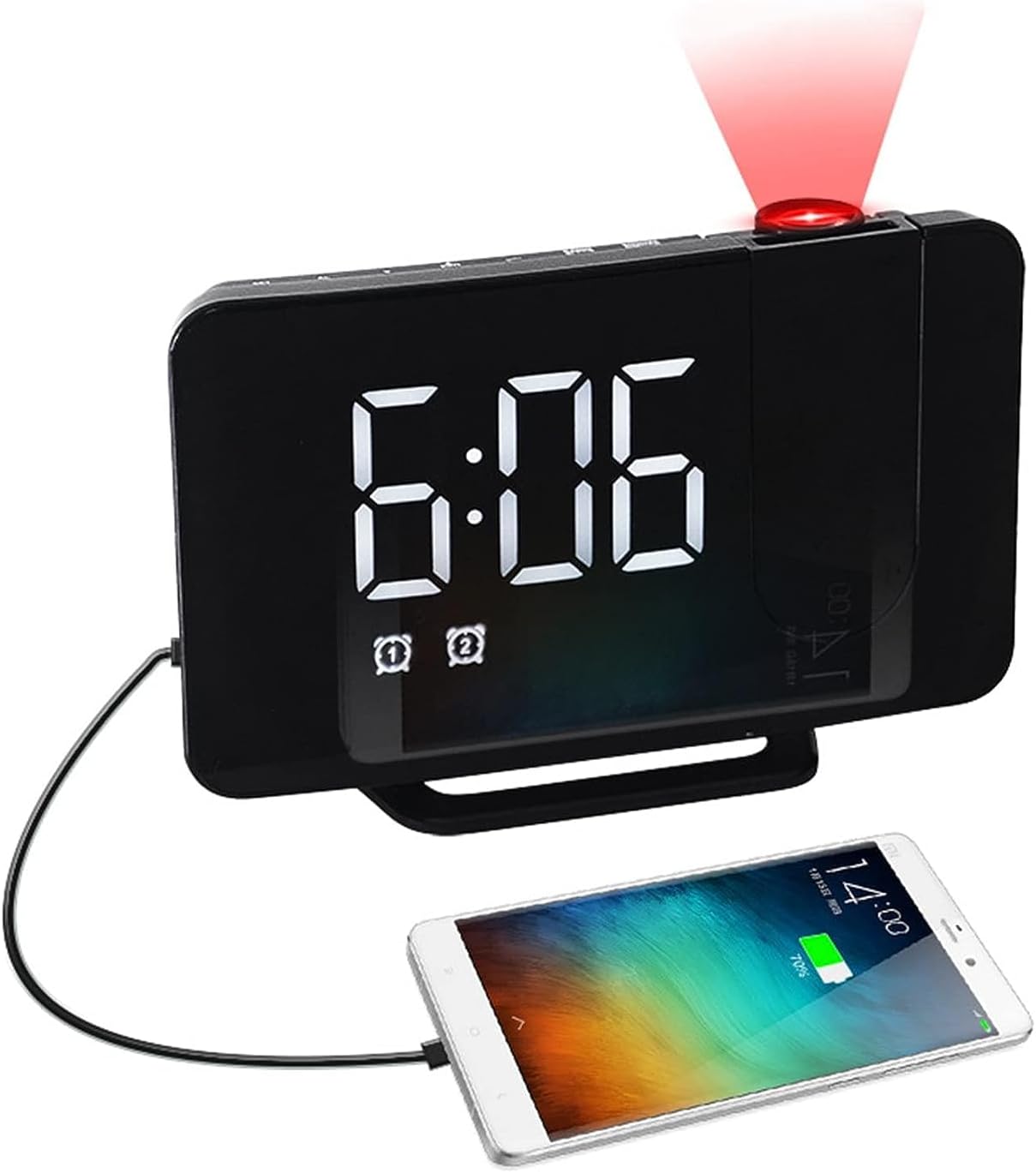 Projection Alarm Clock, Radios Digital Alarm Clock for Bedroom with FM Radio and Dual Alarm, Large LED Alarm Clock Projection on Ceiling Wall, 180° Projector, USB Charger,for Heavy Sleeper Kid Elderly