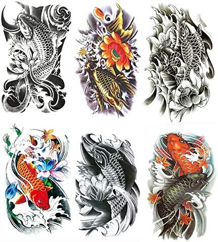 Yesallwas Temporary Tattoo for women for Men, 6 Sheets koi Fish Tattoos, Lotus, Gold carp,black fashion tattoo Body Stickers Arm Shoulder Chest & Back Make Up