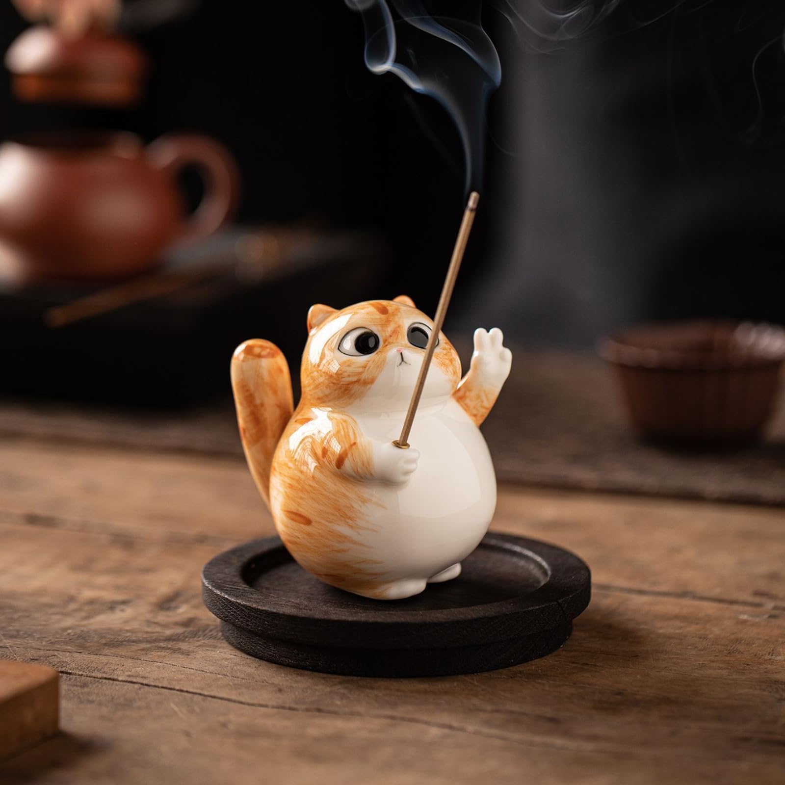 Pomarańczowy kot ceramiczny kadzidełko ozdoba, 11,2 cm 11,4 cm, domowe domowe kadzidło do herbaciarni