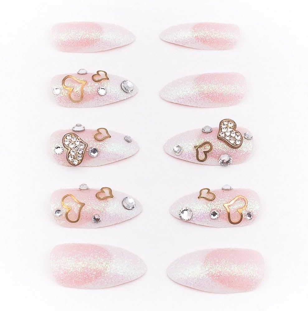 KeeNail Nail Art Heart Design Fake Acrylic French Nails Tips Medium Glitter Rhinestone Pink 24 Piece Set