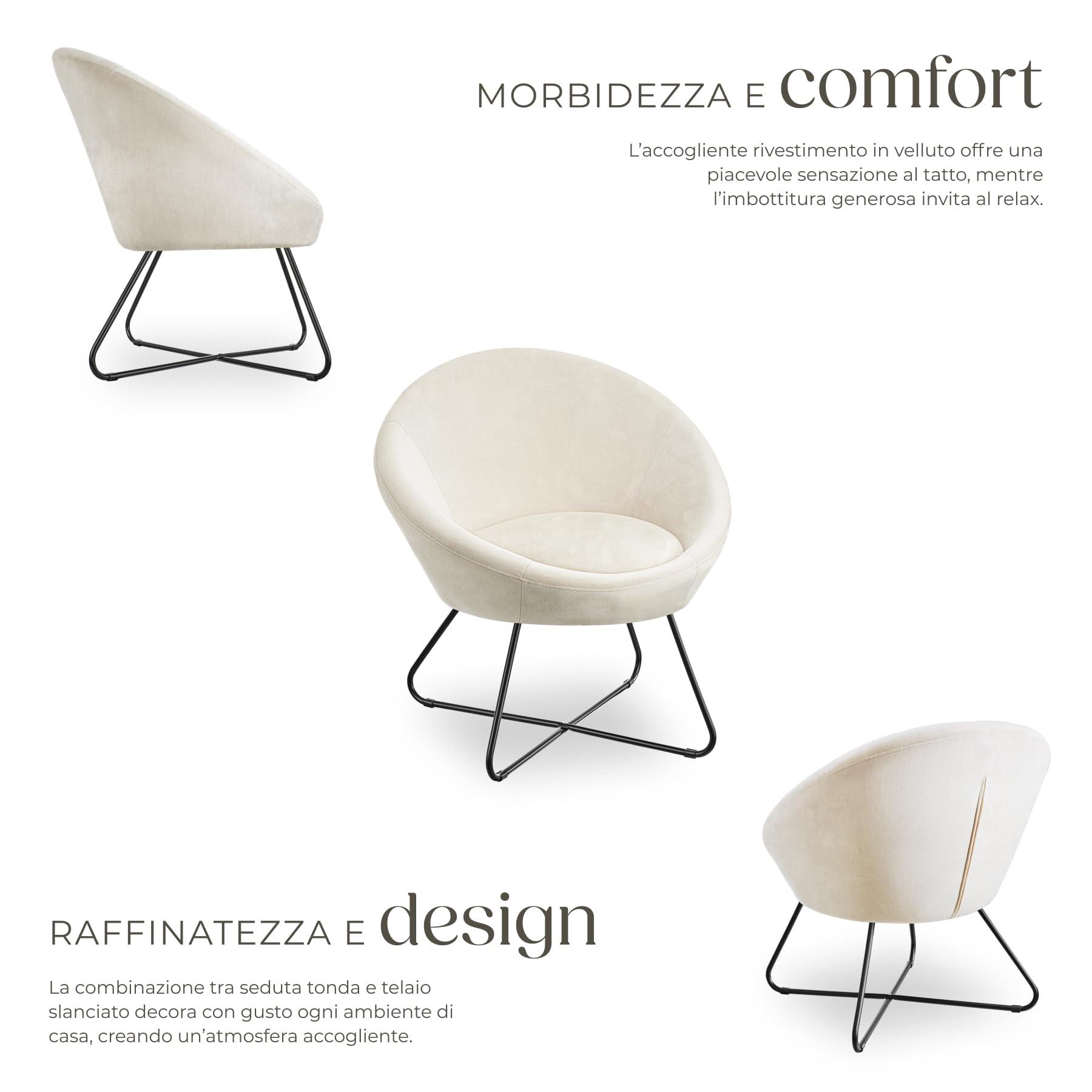 tectake® Poltrona Rotonda Imbottita, Stile Scandinavo, Comoda Sedia da Salotto con Schienale Continuo, Piedini Antiscivolo per Pavimenti, Struttura Verniciata a Polvere - Effetto Velluto Beige
