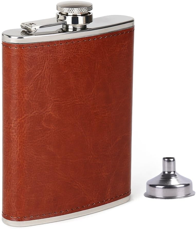 GDLF Men Hip Flask, Stainless Steel Flask, Brown Leather Pocket Drinking Flask for Storing Whiskey Alcohol Liquor, 8 oz