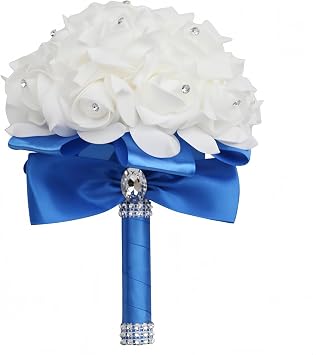 Wedding Bouquets for Bride Bride Bouquets for Wedding, Handmade Artificial Silk Rose Flower Bouquet, with Crystal Diamond Decoration, for Weddings Church Party Blue