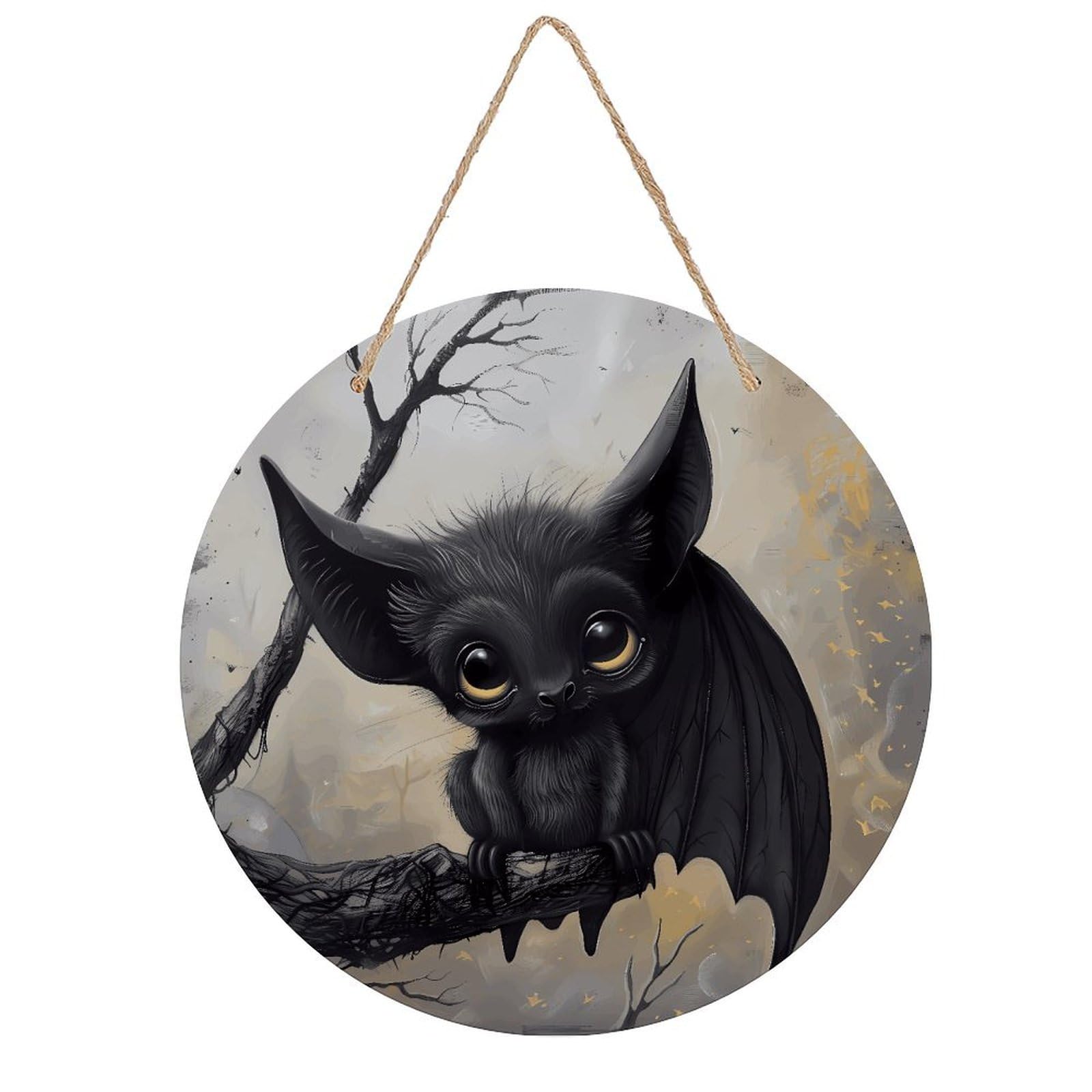 VstaDank Bat Wall Decor Round Wood Hanging Sign 7.9x7.9 in Wooden Circle Door Hanger with Ropes, Rustic Wall Art Decor for Home Front Door Indoor Outdoor Decoration