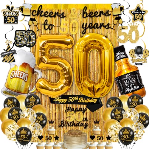 50th Birthday Decorations for Men 50th Birthday Party Decorations for Him with Gold 50 Number Balloons Cheers to 50 Years Banner for Men Black and Gold Happy 50th Birthday Decorations