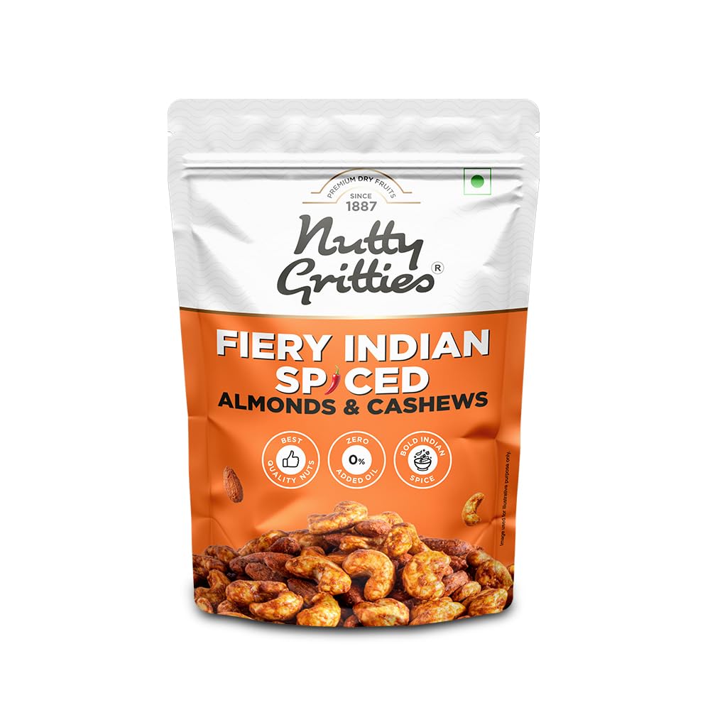 Nutty Gritties Fiery Indian Spiced Almonds & Cashews 180g Premium California Almonds & W240 Cashews, Slow Roasted Without Added Oil, Bold Indian Spice Blend-image-42