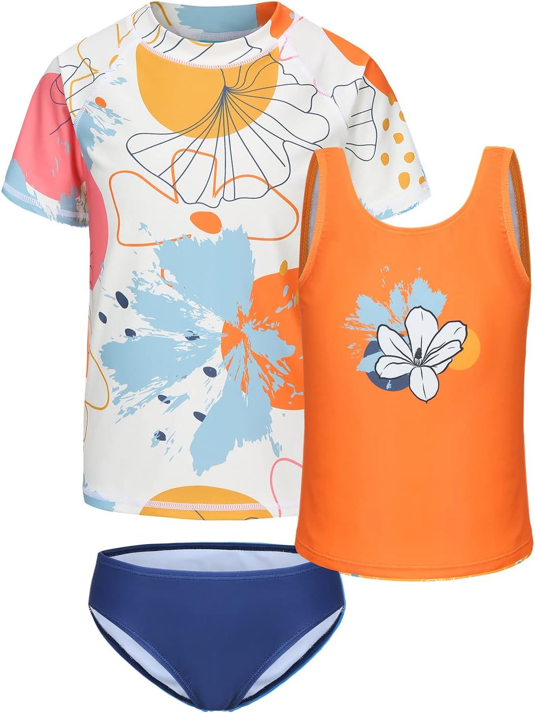 Girls 3 Piece Rash Guard Swimsuits Set for Girls Short Sleeve Bathing Suits Hawaiian Beach Tankini Swim Set