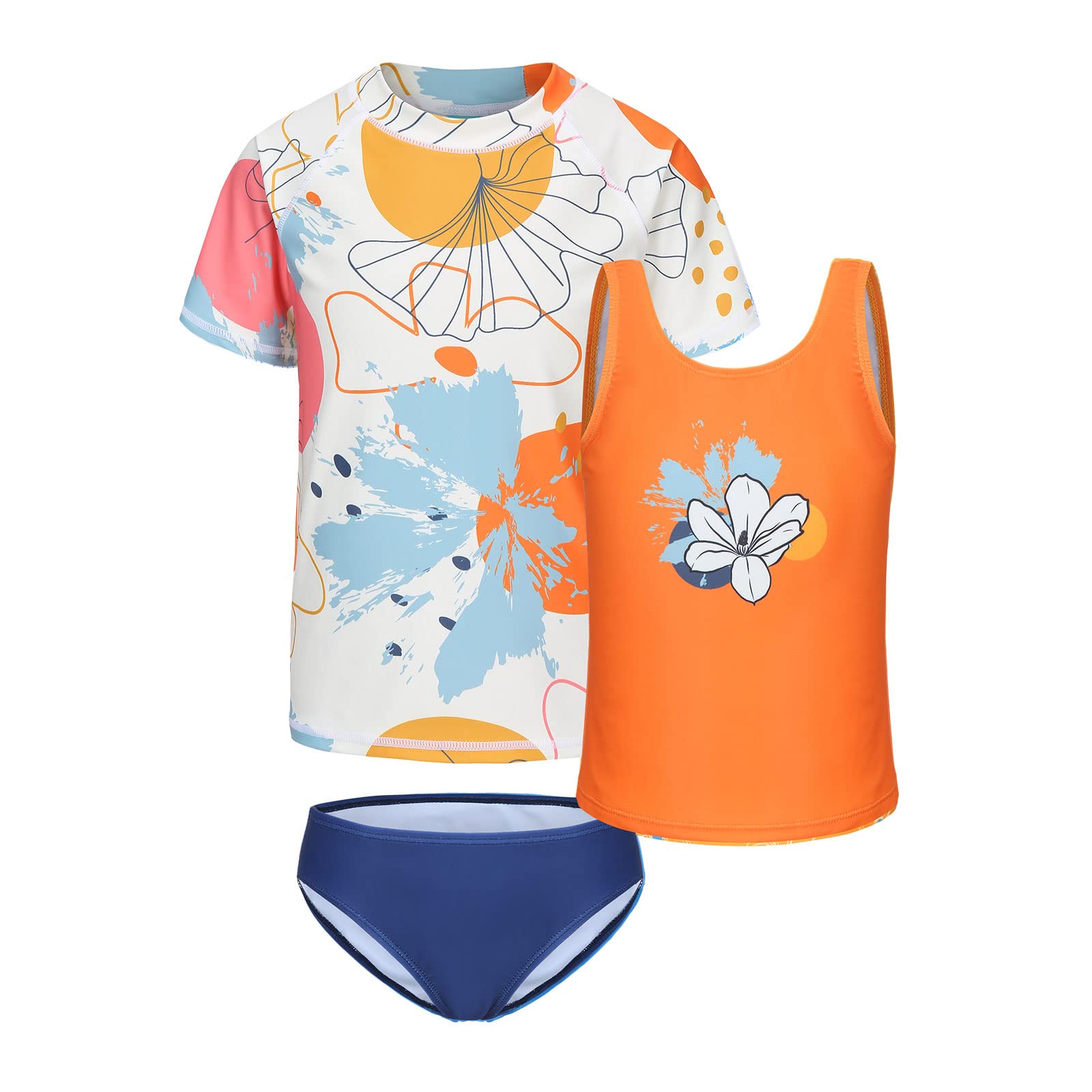 Girls 3 Piece Rash Guard Swimsuits Set for Girls Short Sleeve Bathing Suits Hawaiian Beach Tankini Swim Set