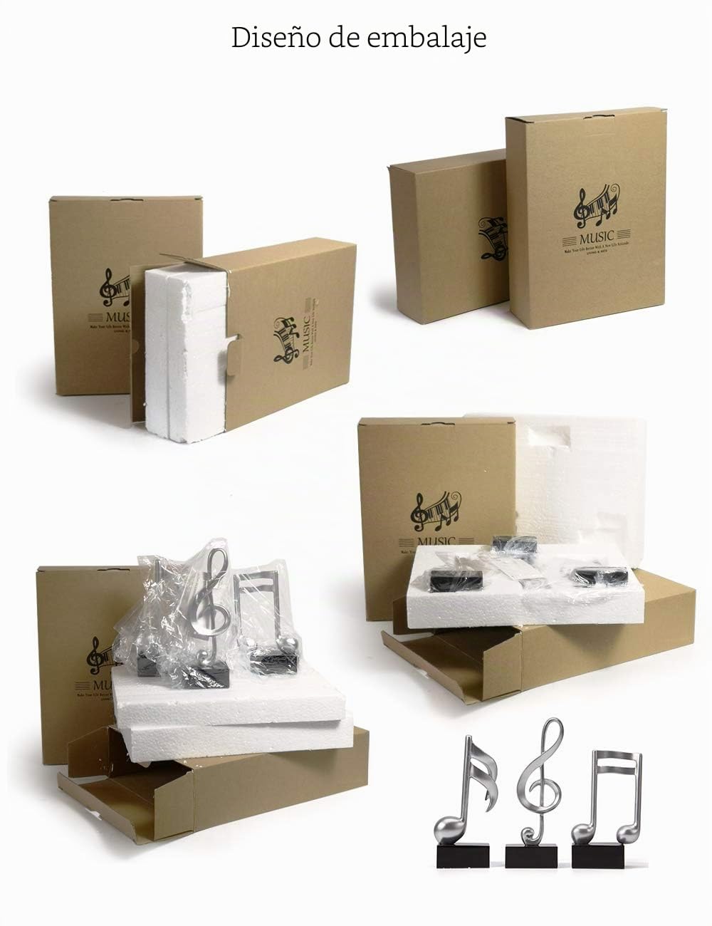 HAUCOZE 3pcs Adorno de Notas Musical Escultura Decorativa Modern Figura Estatua Hogar Regalo Arte para Salón Comedor Oficina Plata 19cm