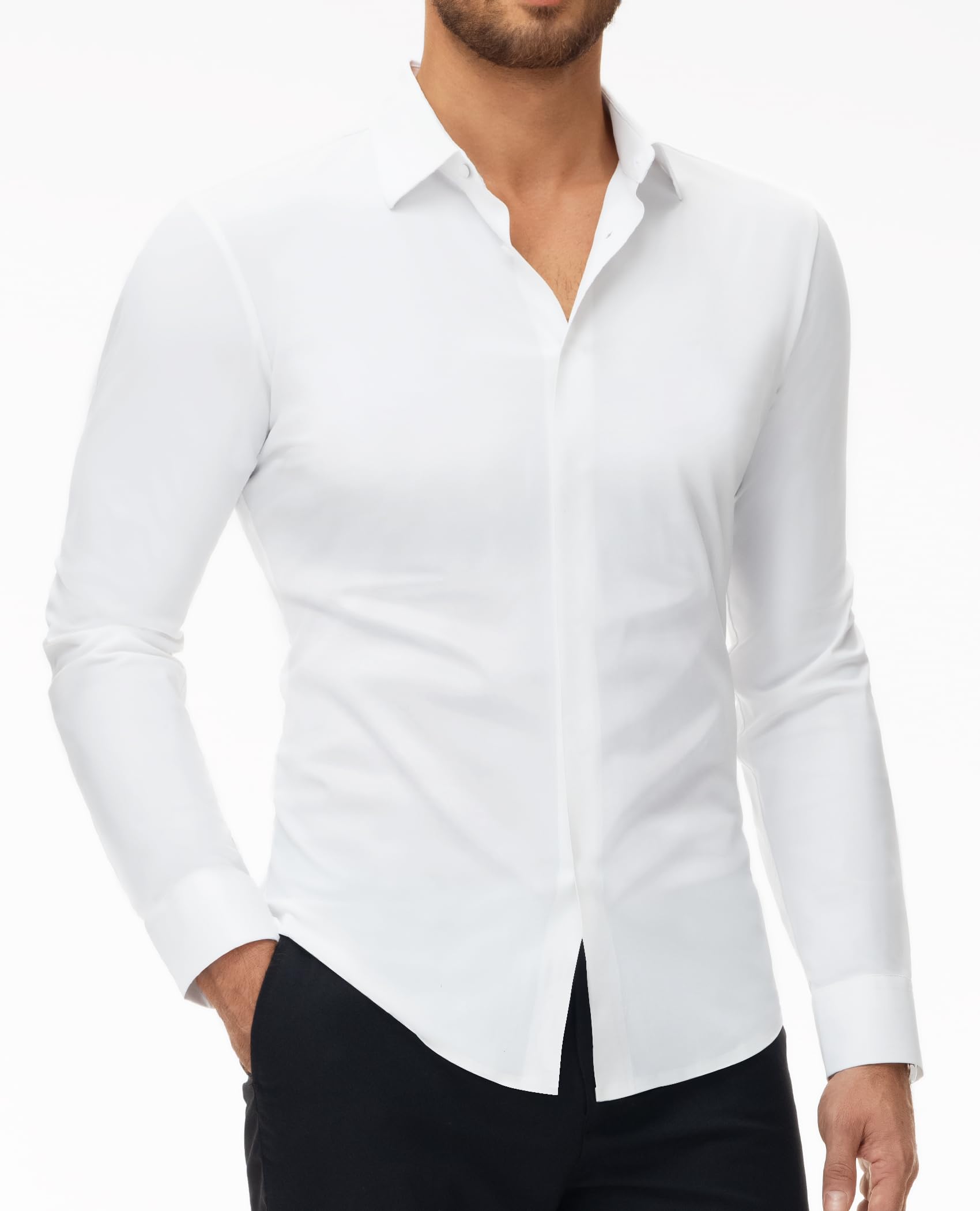 DEMEANOR Camisa elástica de manga larga para hombre, corte ajustado, camisa de negocios, sin planchado, camisa informal para hombre