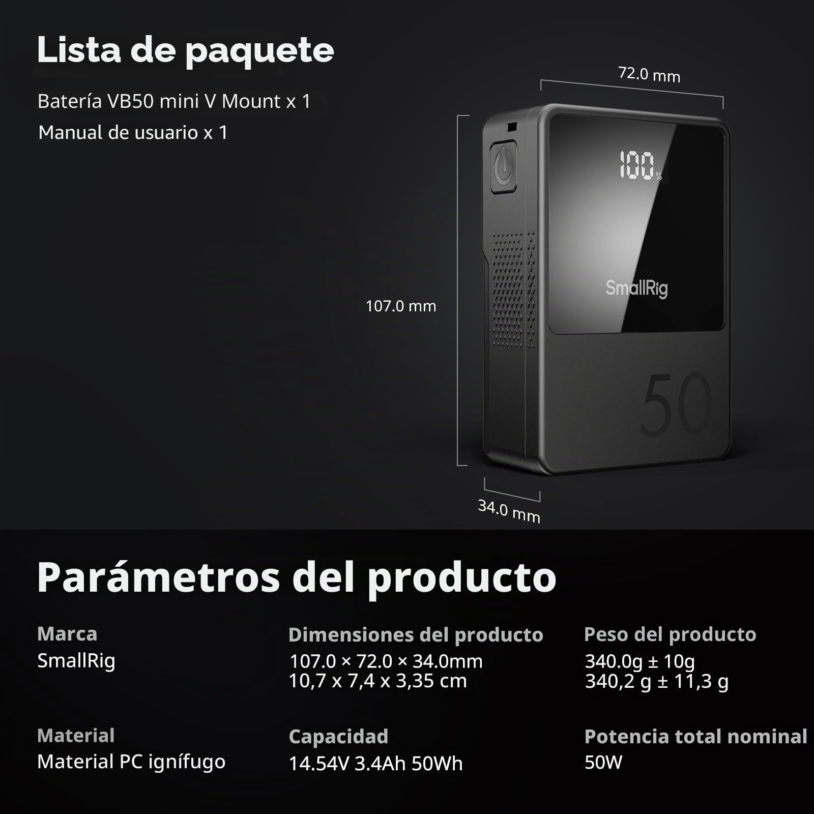 SMALLRIG V Mount Battery VB50, 3400mAh 50Wh 14.8V Mini V-Mount Batería Carga Rápida PD USB-C de 45W, con D-Tap, USB-A, Puerto DC Dual, Pantalla OLED, para Cámara, videocámara, Monitor etc. - 3579B