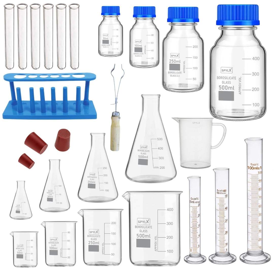 Complete Science Lab Equipment Kit which is perfect for chemistry lab - Borosilicate Glass Beakers, Conical Flasks and more - Ideal for Chemistry Labs, laboratory equipment for lab