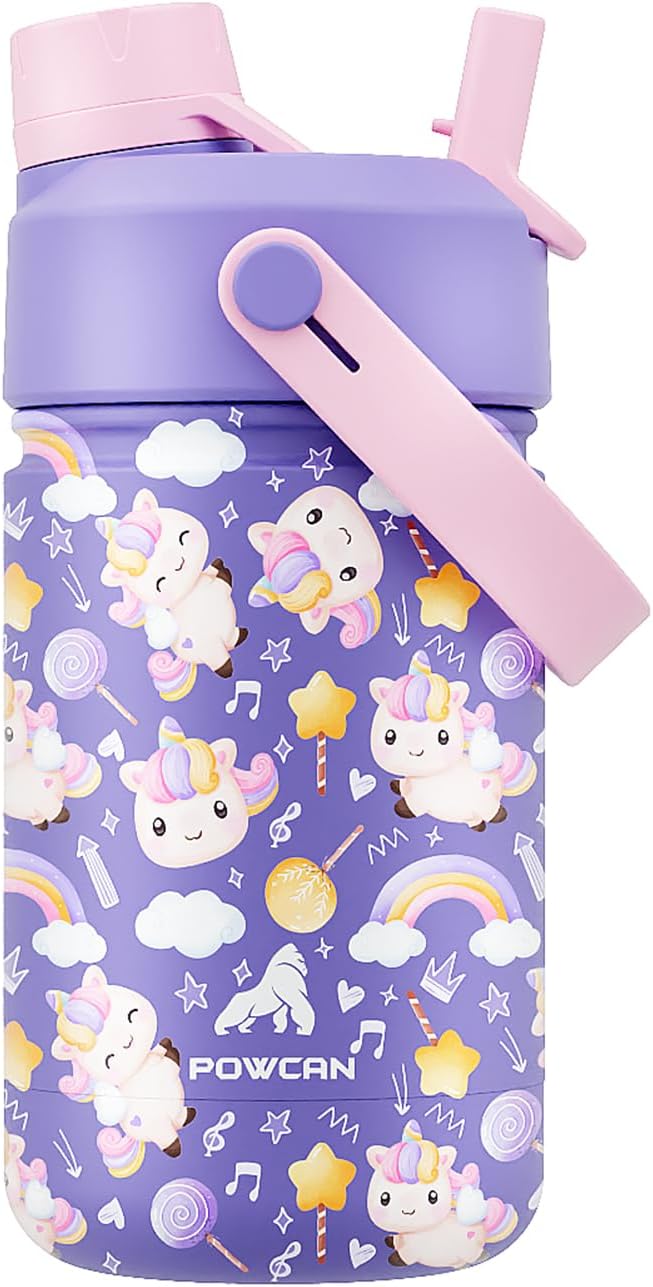 12 oz Insulated Water Bottle for Kids: 2-in-1 Straw Spout Lid, Spill-proof, BPA-Free, Easy Clean, Keep Cold 24H, Cute Patterns, Stainless Steel Cup for School, Travel, Playtime, Gift (Unicorn Jam)