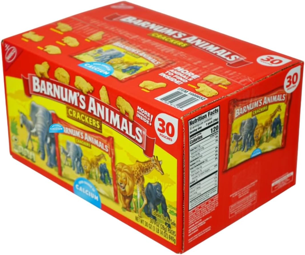 Barnum's Animals Crackers Snack Packs, Classic Baked Animal Cookies, 30 Individually Wrapped Bags, Lunch Box Friendly, Kid & Family Snack