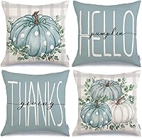 Vista 1 de Juego de 4 fundas de almohada de otoño de 20 x 20 pulgadas, diseño de hojas de eucalipto, lunares, calabazas blancas y azules, almohadas decorativas