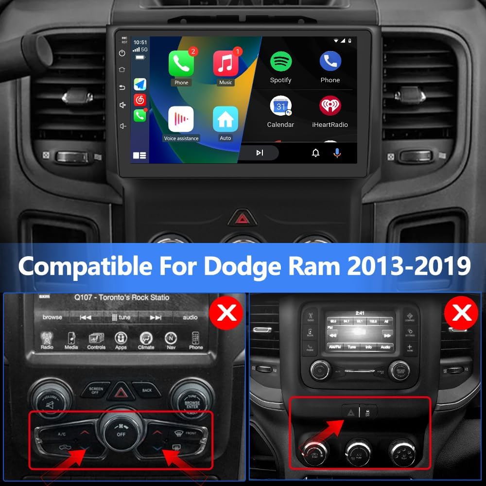Car Radio for Dodge Ram 2013-2019 1500 2500 3500, 9 Inch Android 13 Stereo, 2GB+64GB, Wireless CarPlay Android Auto GPS FM WiFi SWC (Only fit Manual AC)
