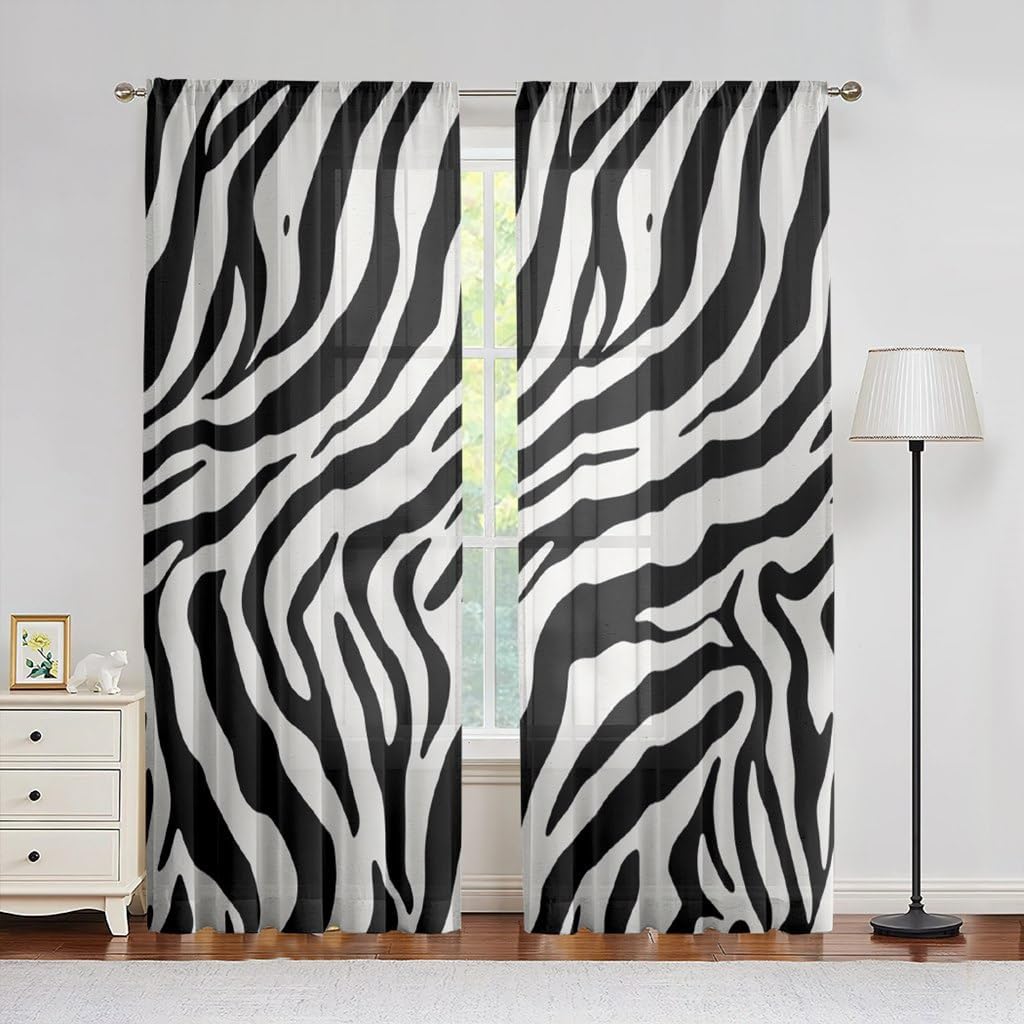 Zebra Print Semi Sheer Curtains Skin Texture Striped Abstract Art Printed Rod Pocket Light Filtering Window Panels for Living Room, 2 Pieces Total 104 Inch Wide, 96 Inch Long