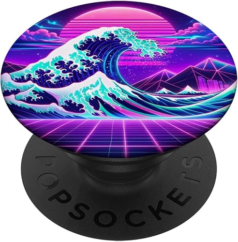 Miniatura 1 de Futuristic Cyberpunk Vaporwave Synthwave Great Wave Hokusai PopSockets Standard PopGrip