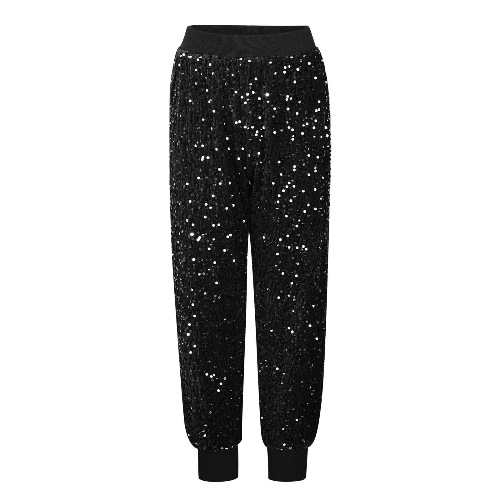 Generico Pantaloni con Paillettes Donna Elegante Pantalone A Vita Alta Pantaloncini Streetwear Extra Lunghi Zampa Brillanti Completo Curvy Larghi Culotte Casual Gamba
