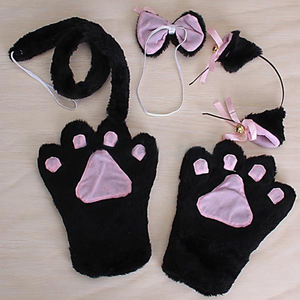 JIEAK Cat Cosplay Lolita Gothic Set Fancy Paw Ear Hairclip Tail Bow Tie Gloves Costume White (Black)