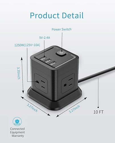 Miniatura 7 de FDTEK - Regleta de alimentación con USB C, cable de extensión de enchufe plano con 4 salidas y 3 puertos USB, tira de alimentación de escritorio de
