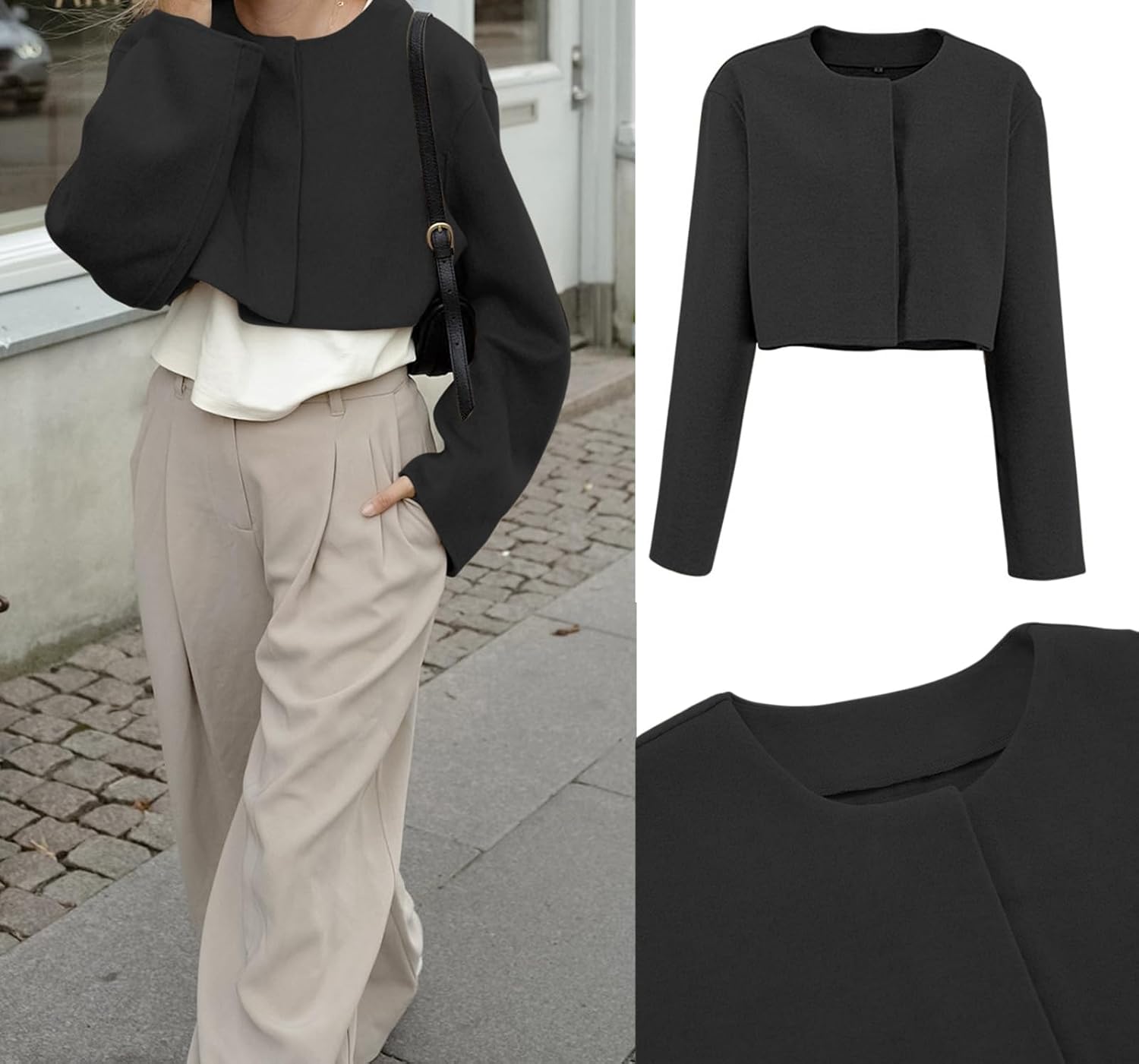 CHARTOU Women Cropped Wool Blend Pea Coat Short Jacket Peacoat Long Sleeve Button Down Crop Jacket - Image 6