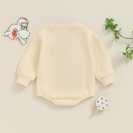 FIOMVA Baby Football Outfits Girl Boy Embroidered Football Sweatshirt Romper Long Sleeve Bubble Romper Fall Sweater Onesie