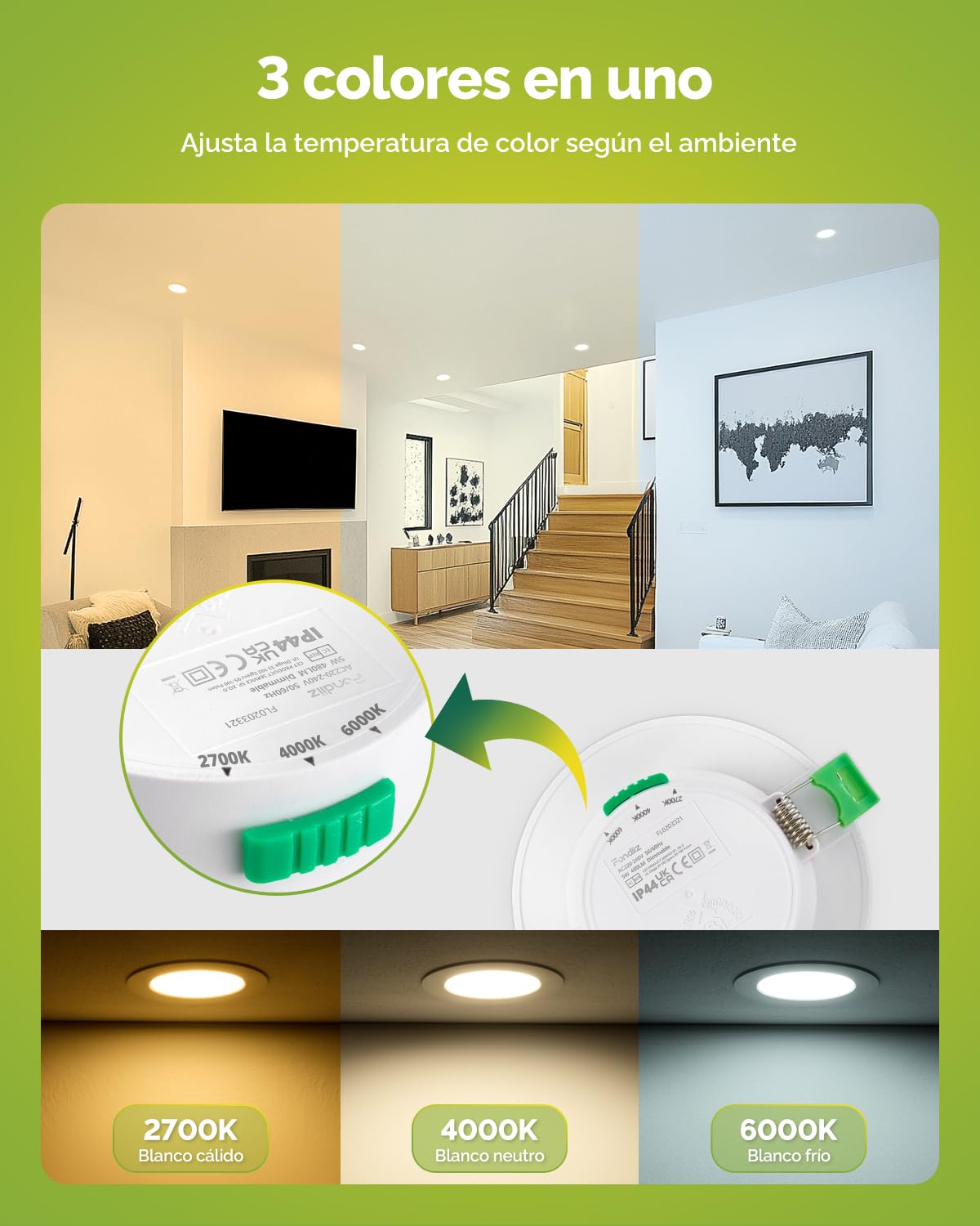 Fondiiz 20 Pack Focos LED Interior Techo Regulable, 5W Downlight LED Techo Empotrable Luz Calida Luz Neutra Luz Frío, Corte 68mm-78mm, Diámetro 88mm, IP44 ojos de buey led para techo baño