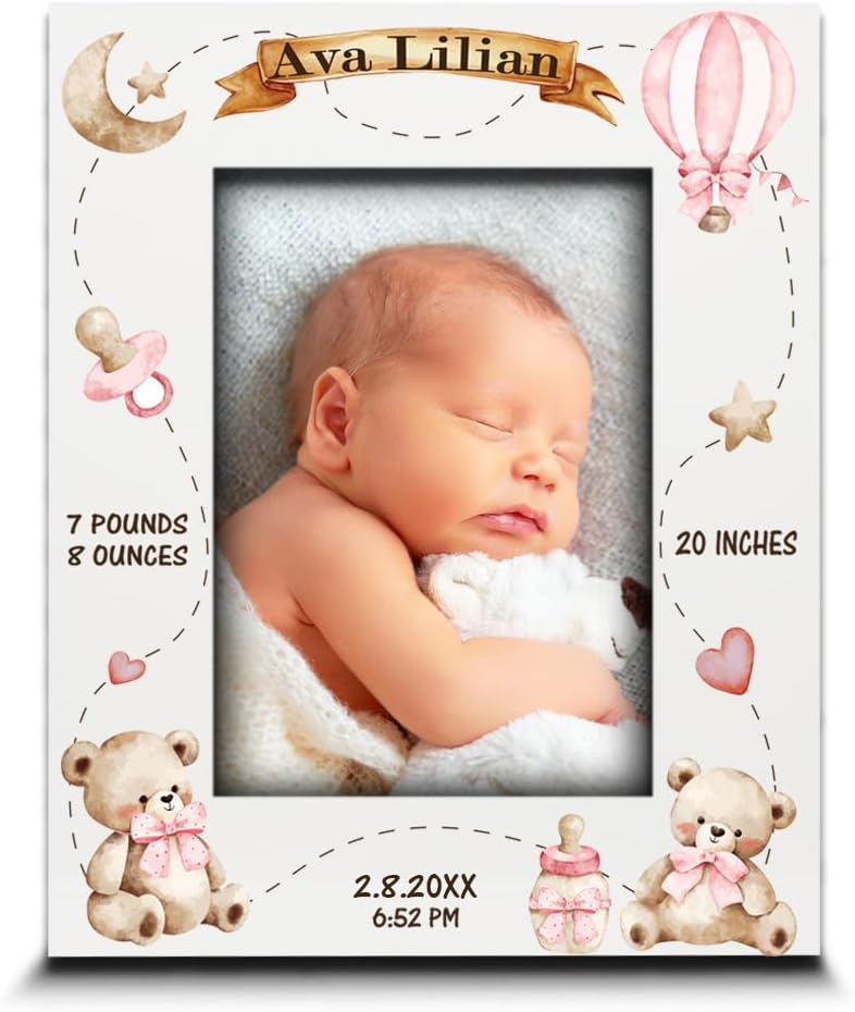 BELLA BUSTA-Personalize Baby Teddy Bear Birth Announcement Theme Picture Frame- Baby Shower, Birth Details Keepsake (Girl-Pink (5x7 Vertical))