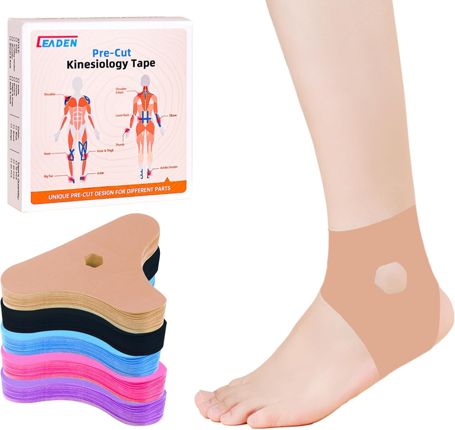 Precut Kinesiology Tape for Ankle, 20 Pcs - Ankle Support & Stability, Ankle Pain Relief - Waterproof & Elastic, Breathable Hypoallergenic Latex-Free Tape, Beige