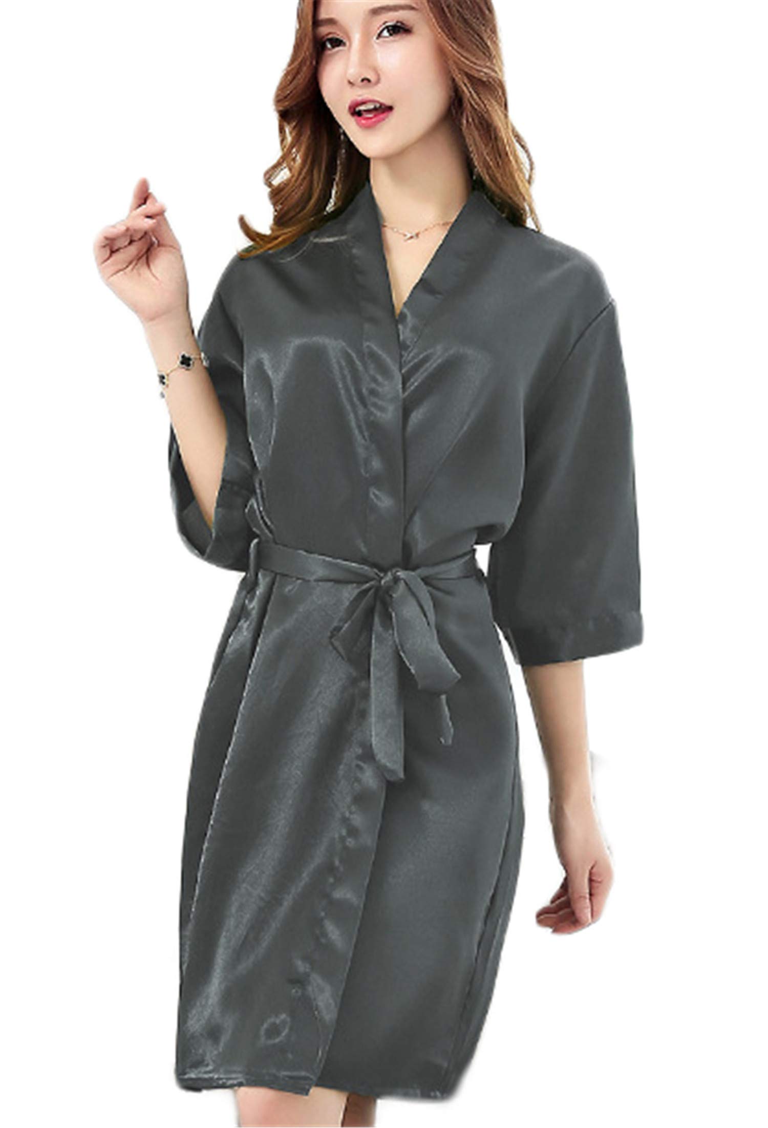 Andongnywell Womens Short Satin Robes with Oblique V-Neck Party Dressing Gown Pure Color Satin Short Lingerie Robes