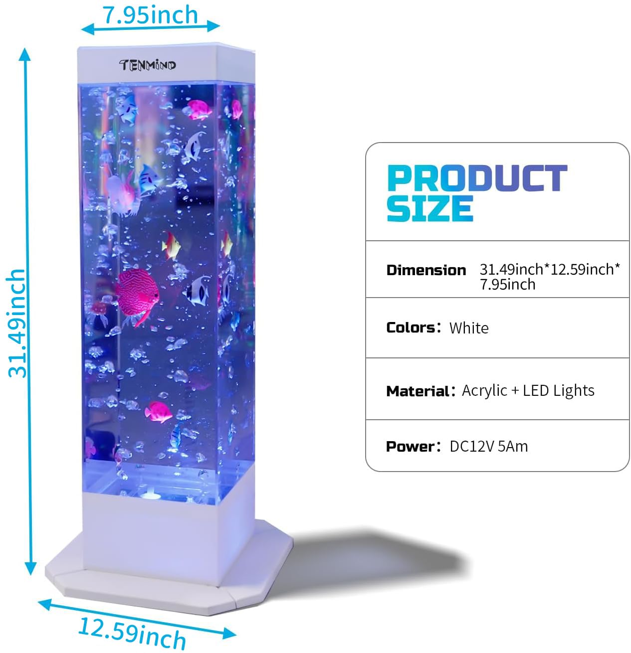 Tenmind Customizable Soothing Bubble Fish Tank with Remote Control – Sensory-Friendly Water Column Light on Stable White Wooden Base – Ideal for Sensory Rooms, Relaxation, and Stress Relief (32Inch)