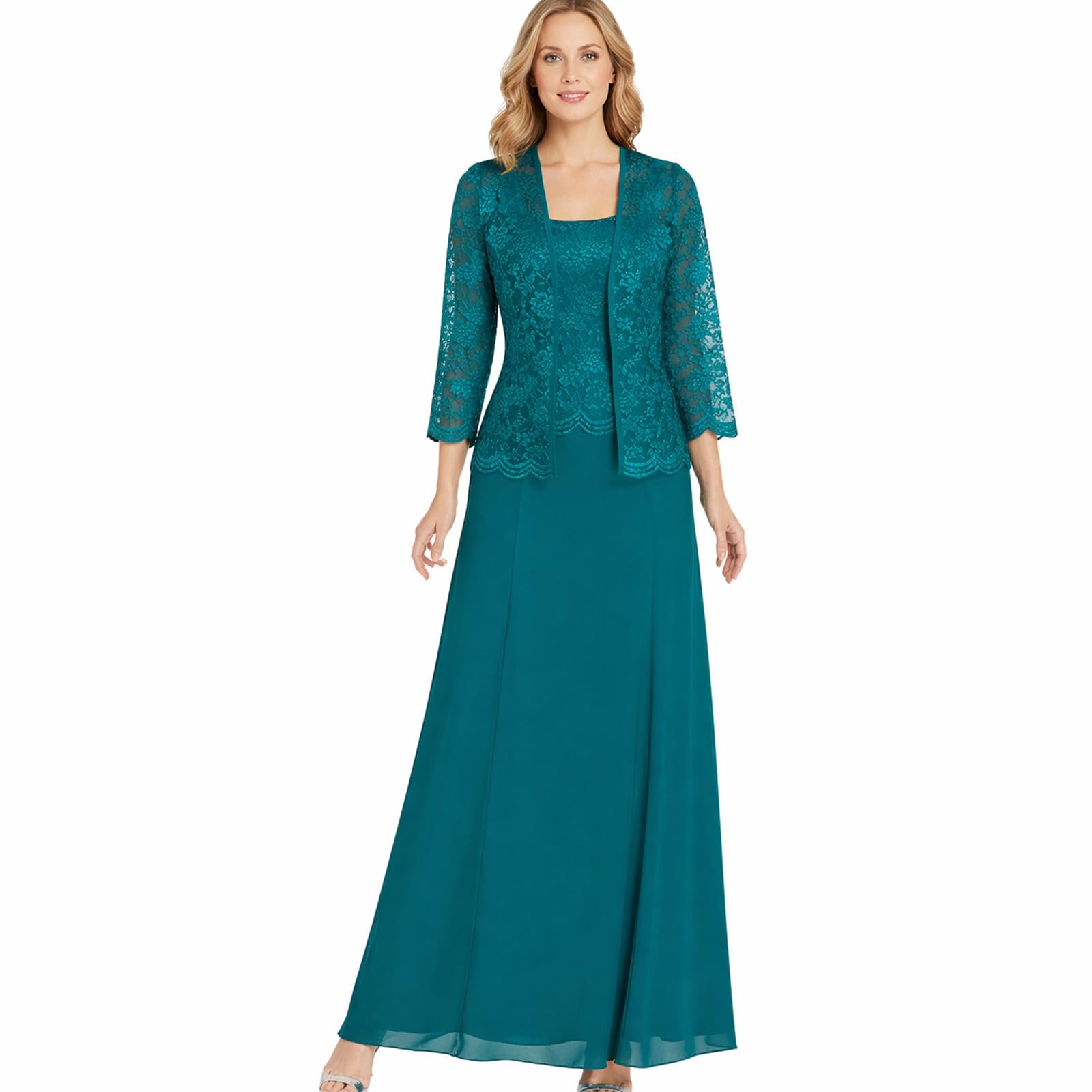 2 Piece Mother of the Bride Dress with Jacket, Long Chiffon A-Line Formal Evening Gown for Wedding (Green,M)