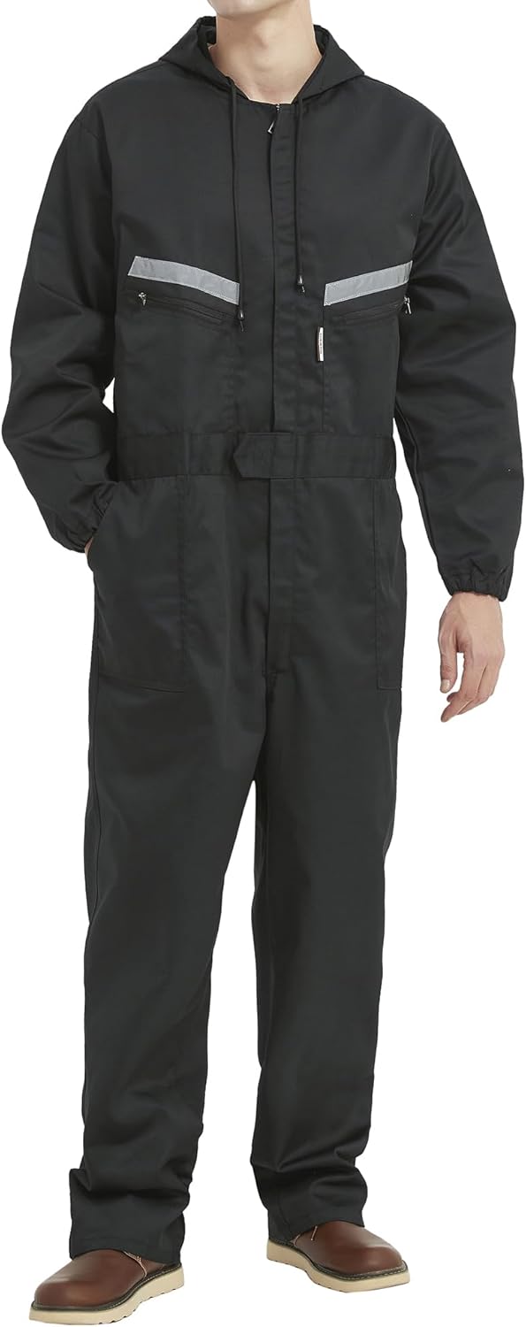 Mens Work Coveralls Mechanic Hooded Overall Workwear Jumpsuits Long Sleeve Hi Viz Coverall with Zippers - Image 2